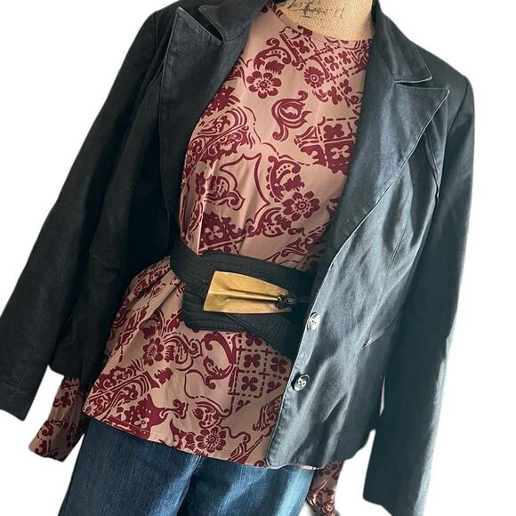 Vintage 80s 90s New Editions Taupe Maroon Abstract Blouse Size L Long Sleeve - Picture 15 of 15